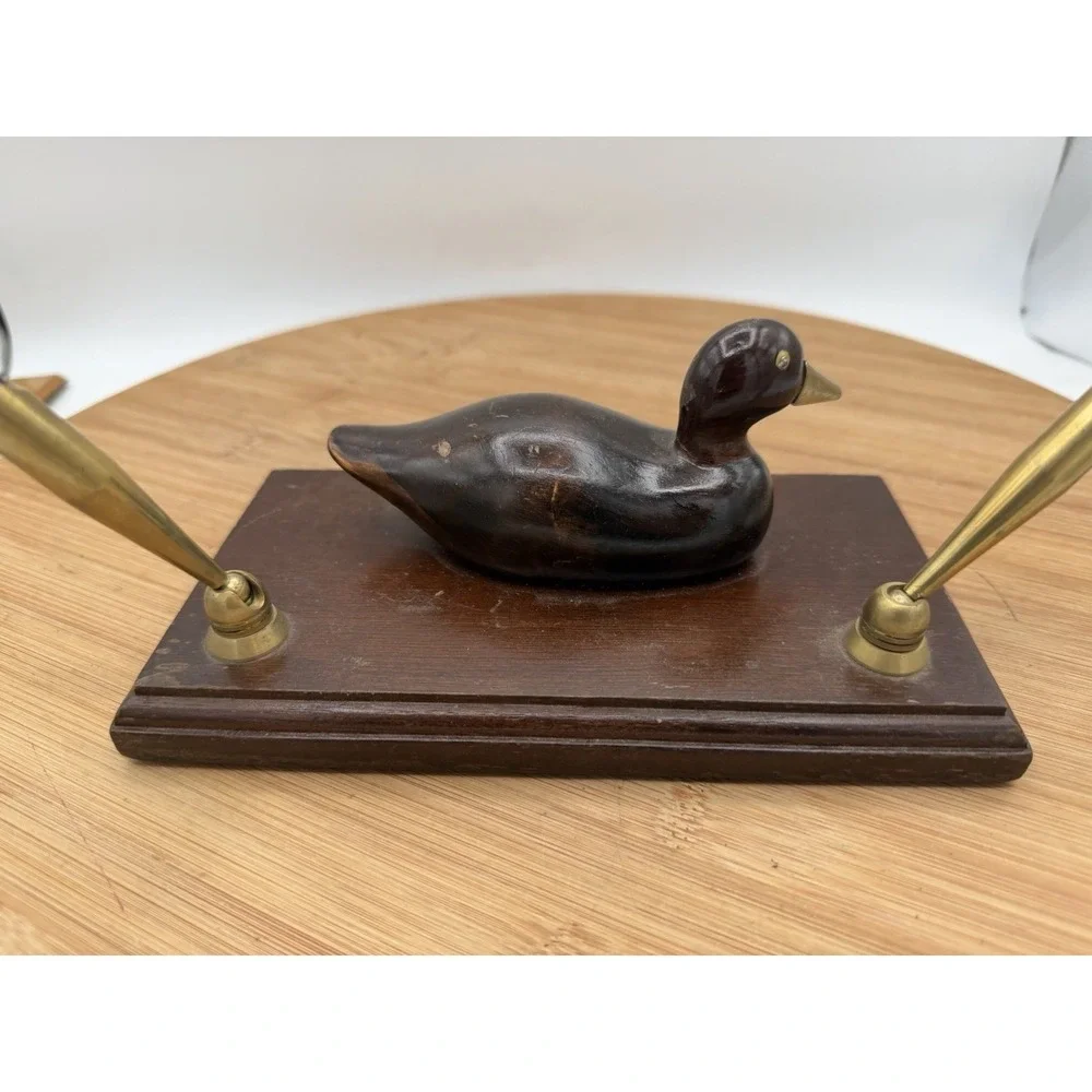 Vintage Pen Holder Desk Set -wooden Duck With Brass‎ Beak And 2 Pens UCGC Taiwan